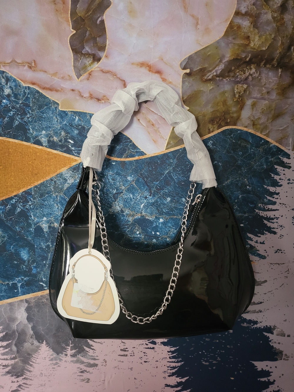 NWT! Black Patent Shoulder Bag with Chain Accent